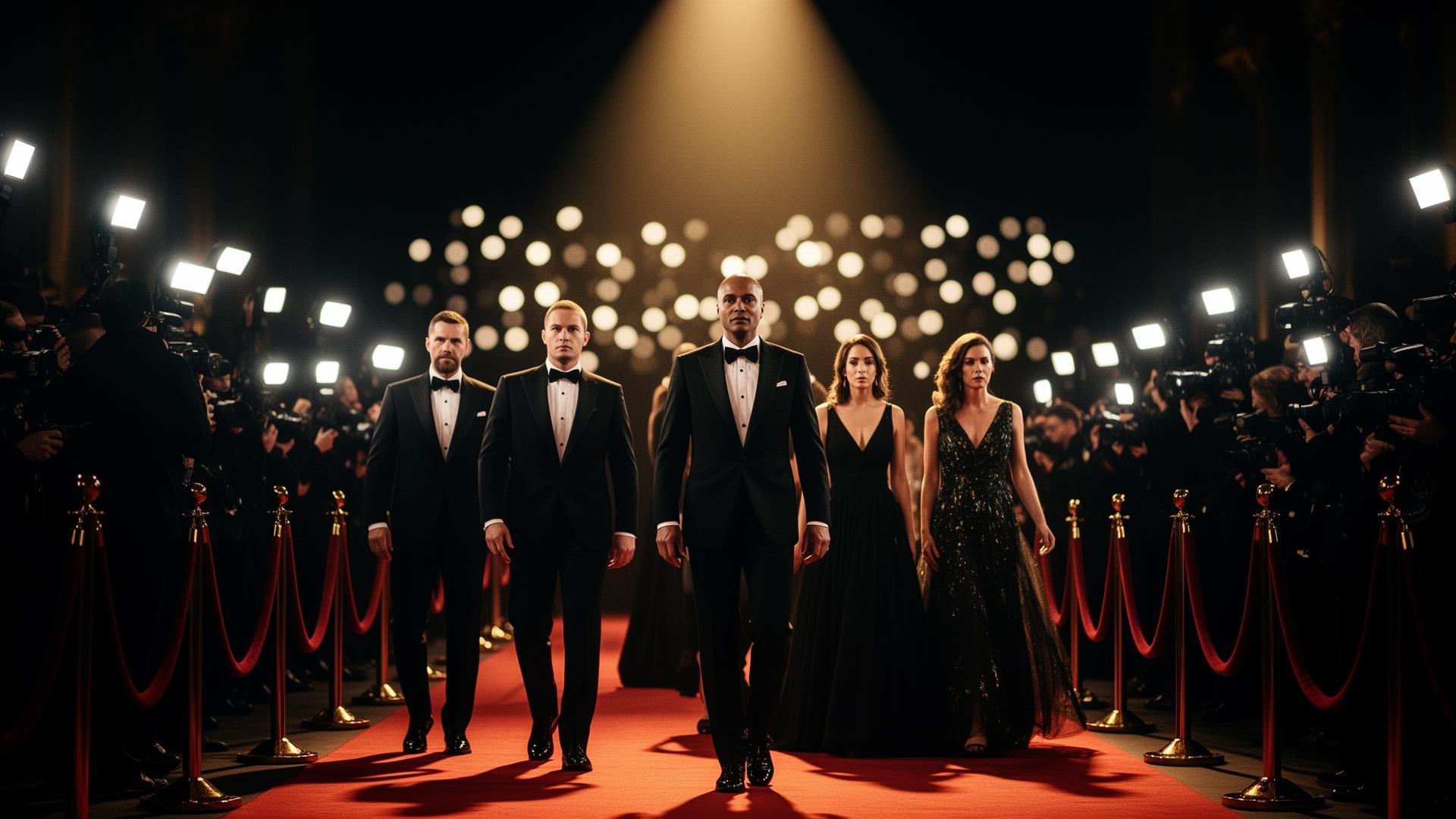 Red carpet premiere with paparazzi flashbulbs